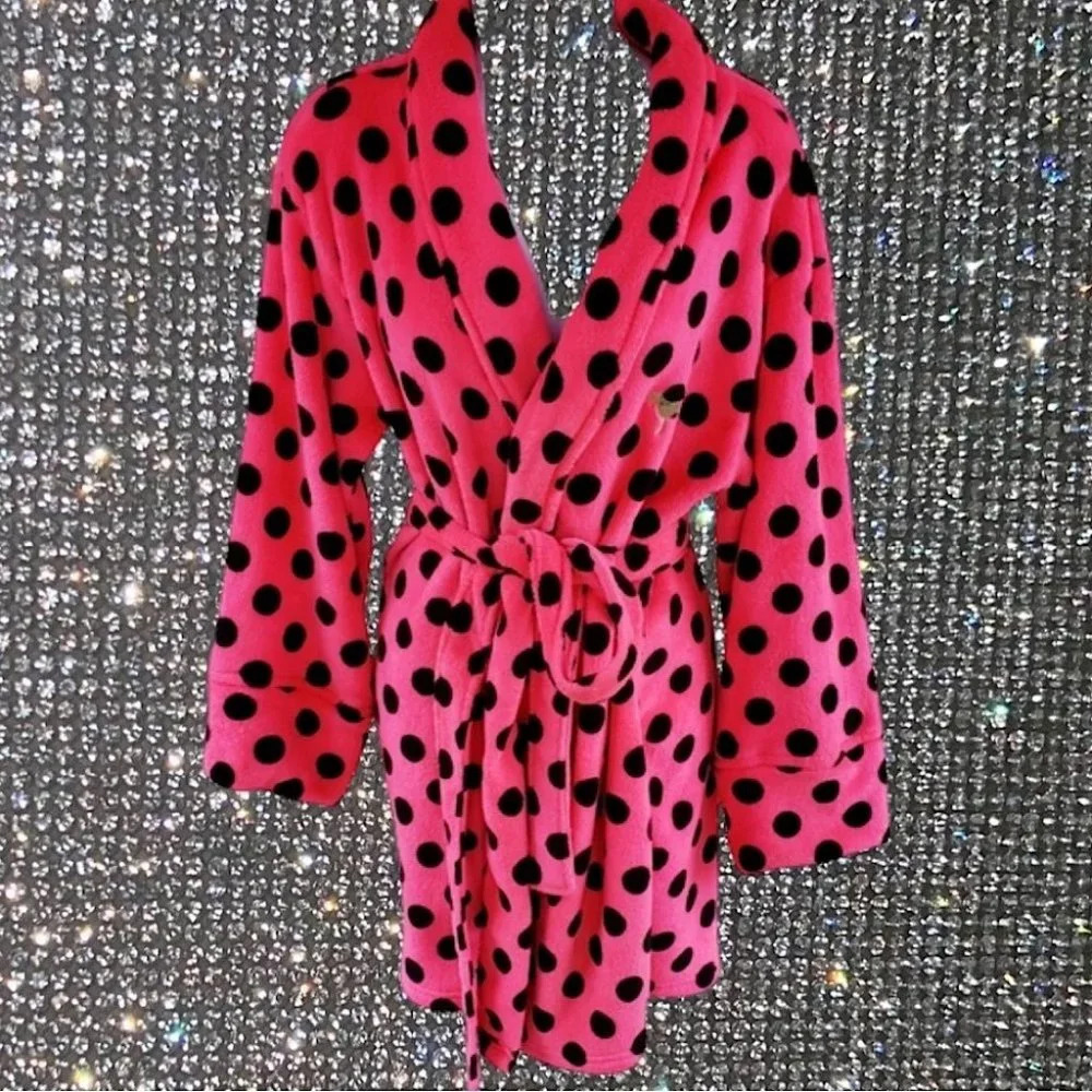 Victoria secret pink robe polka dot neon pink black gold dog emblem fuzzy fleece